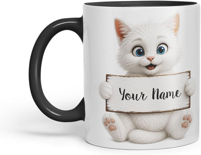 Vixar Personalised White Cat Mug with Name or Custom Message – Cute Animal Coloured Ceramic Mug Cup Gift, 11oz (Black)