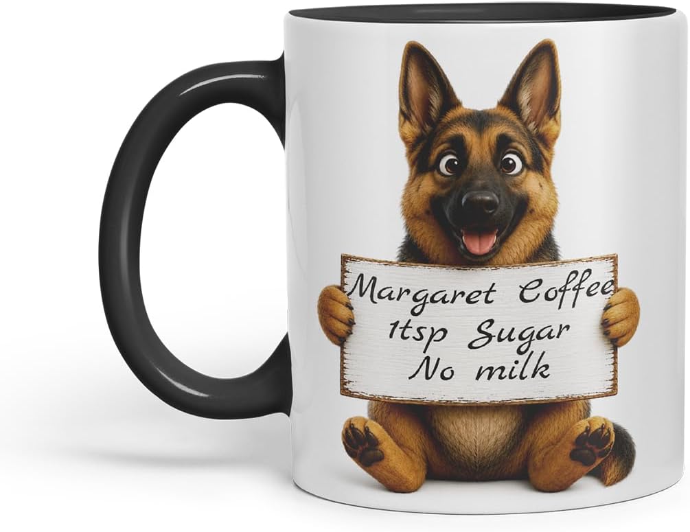 Vixar Personalised German Shepherd Dog Pet Mug with Name or Custom Message – Cute Animal Coloured Ceramic Mug Cup Gift, 11oz (Black)