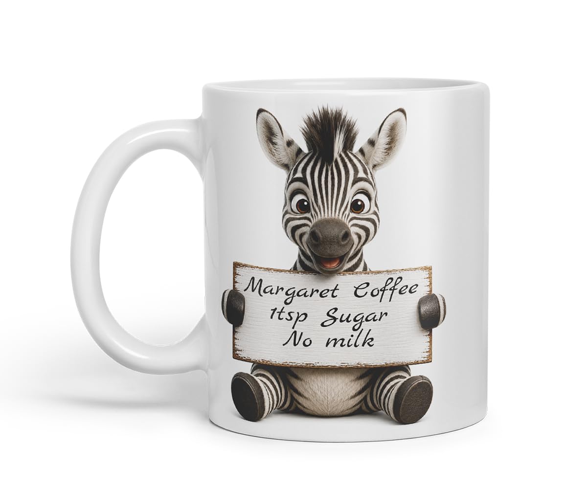 Vixar Personalised Zebra Mug with Name or Custom Message – Cute Animal Coloured Ceramic Mug Cup Gift, 11oz (Black)