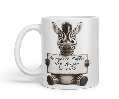 Vixar Personalised Zebra Mug with Name or Custom Message – Cute Animal Coloured Ceramic Mug Cup Gift, 11oz (Black)