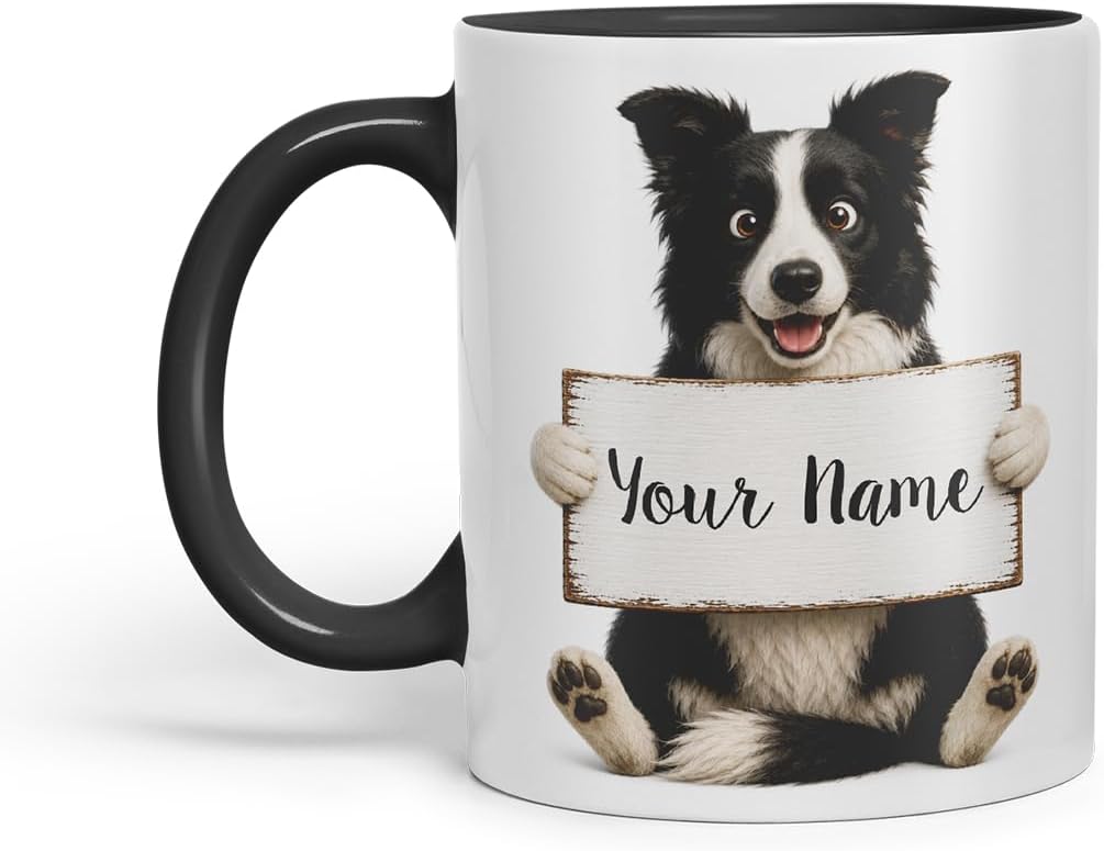 Vixar Personalised Border Collie Mug with Name or Custom Message – Cute Animal Coloured Ceramic Mug Cup Gift, 11oz (Black)