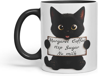 Vixar Personalised Cute Cat Mug with Name or Custom Message – Cute Animal Coloured Ceramic Mug Cup Gift, 11oz (Black)