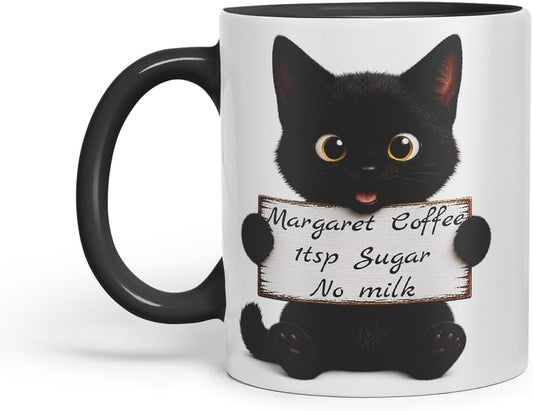 Vixar Personalised Cute Cat Mug with Name or Custom Message – Cute Animal Coloured Ceramic Mug Cup Gift, 11oz (Black)