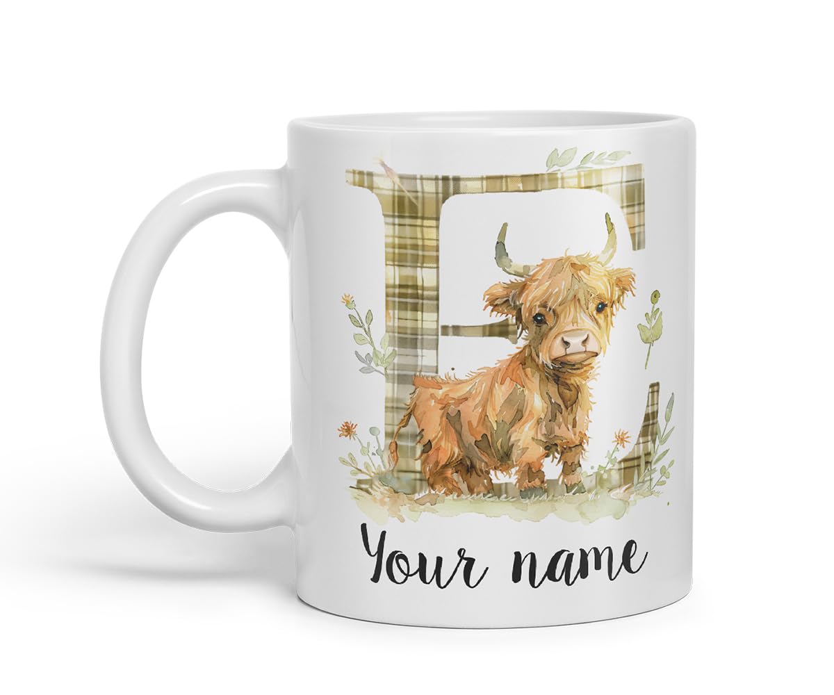 Vixar Personalised Highland Cow Initial Letter E Custom Name Mug – Coloured Ceramic Mug Cup Gift, 11oz (Black)