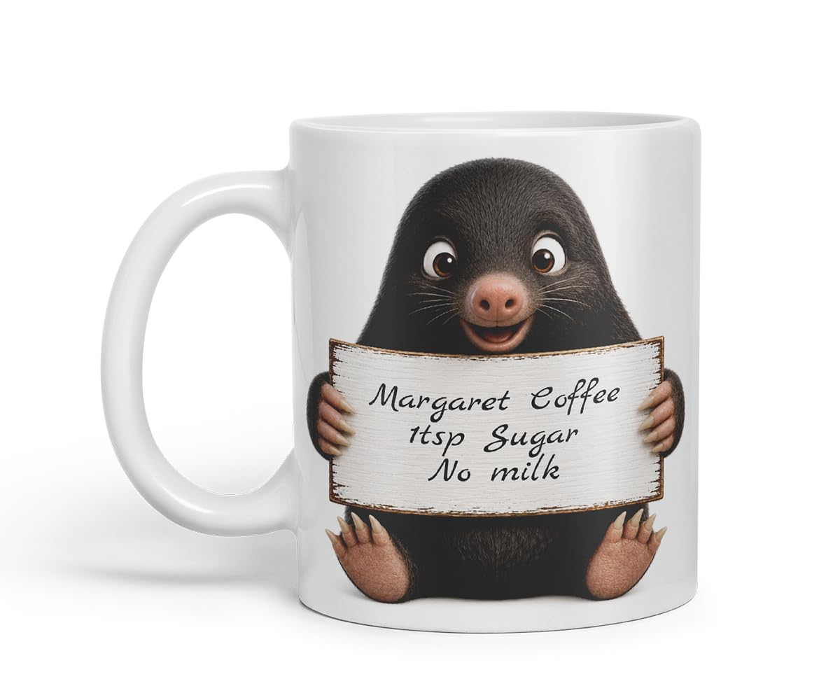 Vixar Personalised Mole Mug with Name or Custom Message – Cute Animal Coloured Ceramic Mug Cup Gift, 11oz (Black)