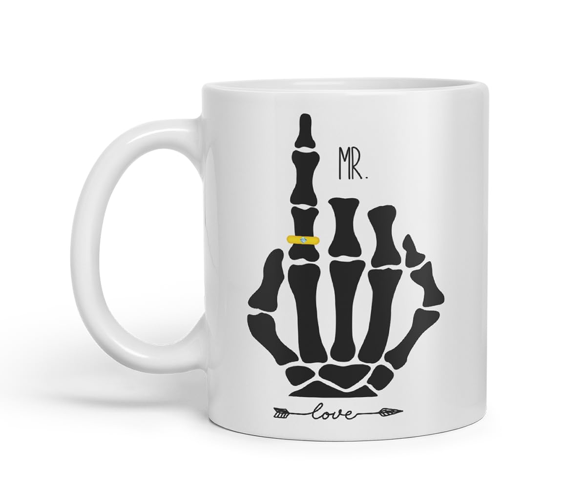 Vixar Mr Skeleton Hand Wedding Ring Couple Mug – Coloured Ceramic Mug Cup Gift, 11oz (Black)