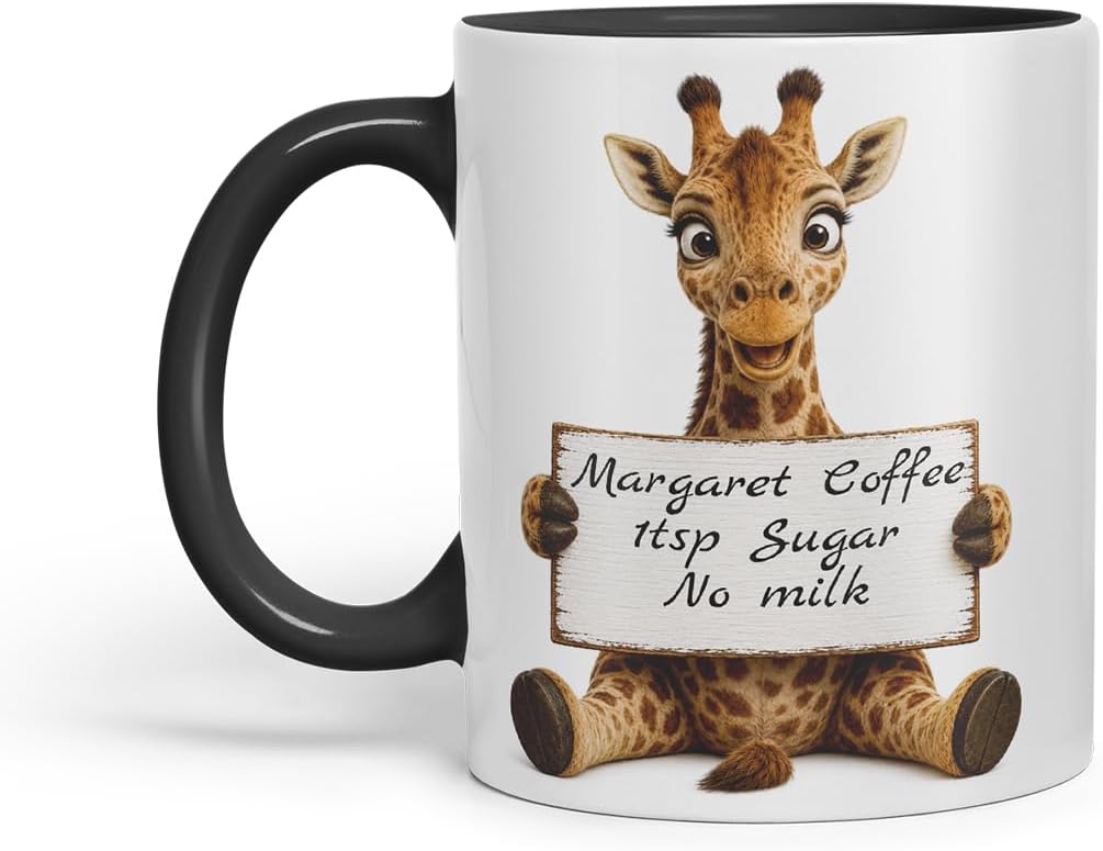 Vixar Personalised Giraffe Mug with Name or Custom Message – Cute Animal Coloured Ceramic Mug Cup Gift, 11oz (Black)