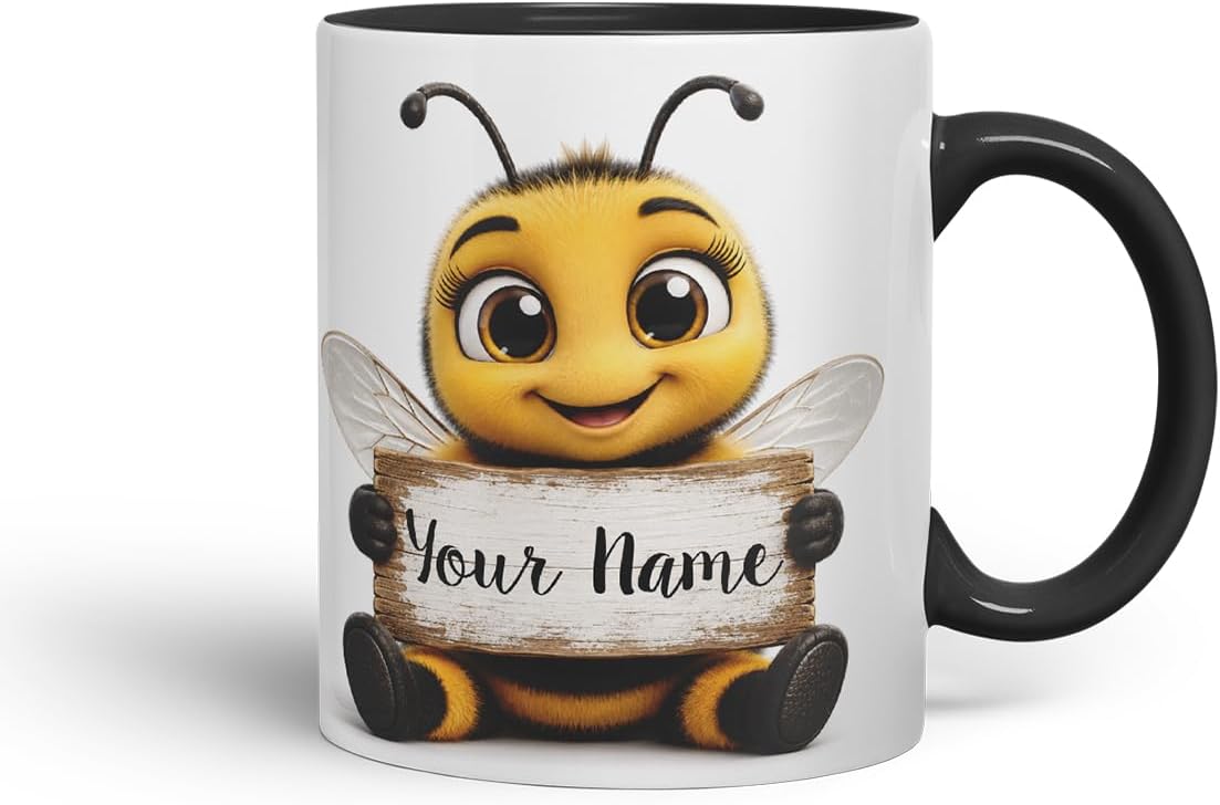 Vixar Personalised Bee Mug with Name or Custom Message – Cute Animal Coloured Ceramic Mug Cup Gift, 11oz (Black)