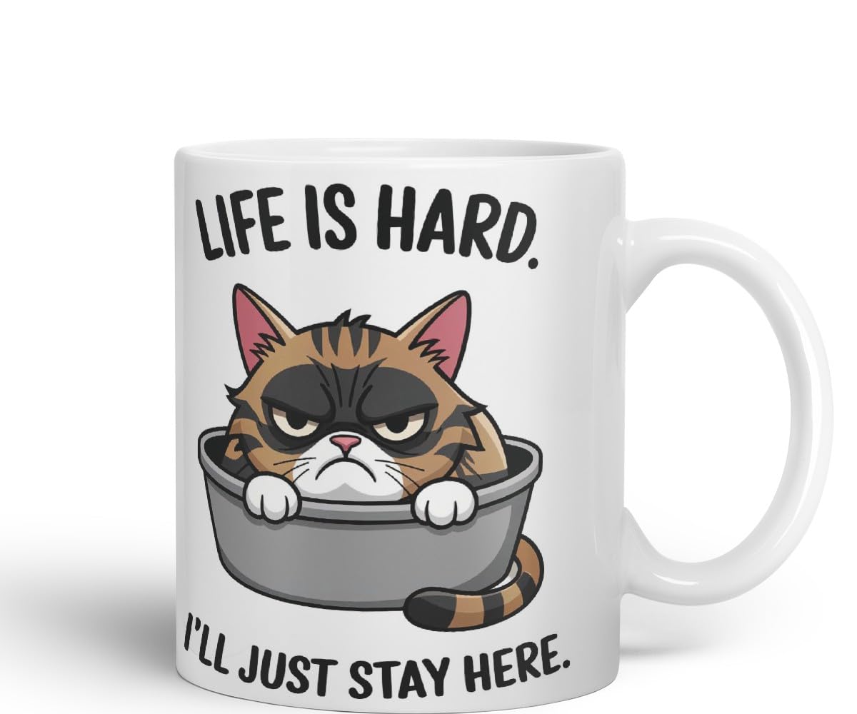 Vixar Life is Hard I’ll Just Stay Here Cat Mug – Coloured Ceramic Mug Cup Gift, 11oz (Black)
