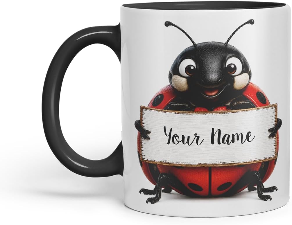 Vixar Personalised Ladybird Mug with Name or Custom Message – Cute Animal Coloured Ceramic Mug Cup Gift, 11oz (Black)