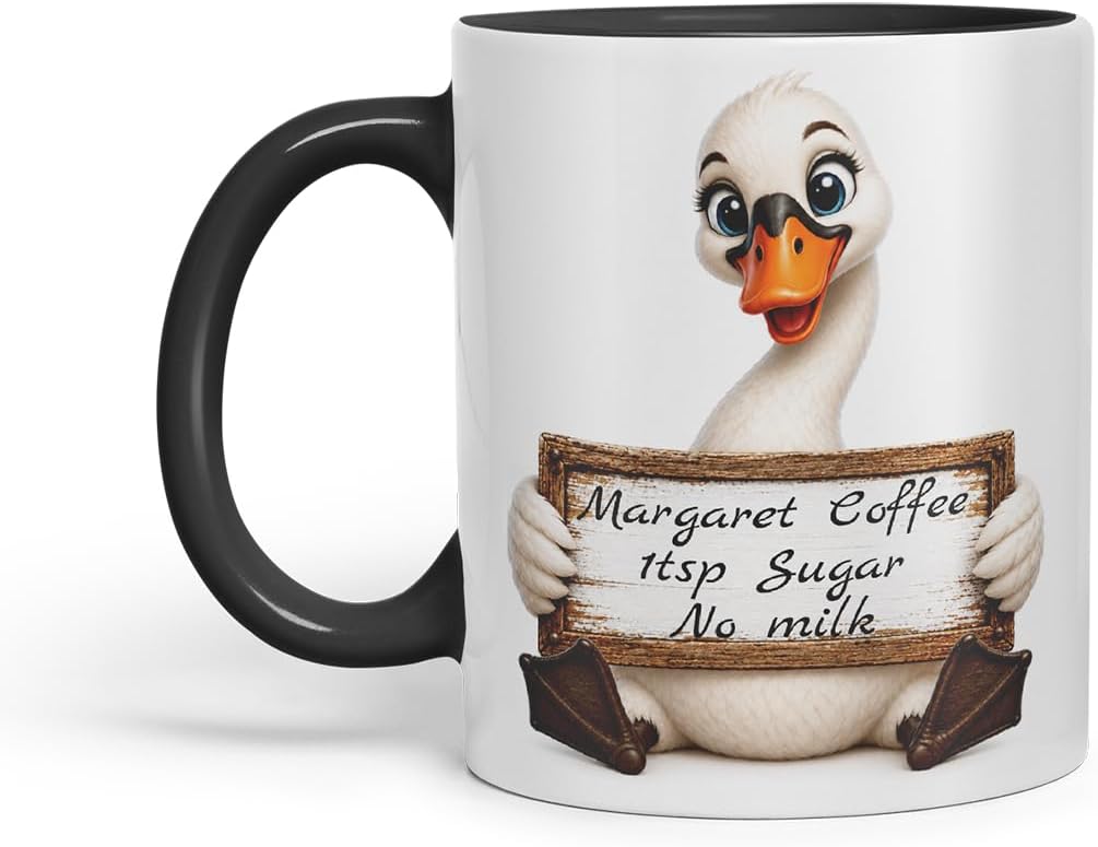 Vixar Personalised Swan Mug with Name or Custom Message – Cute Animal Coloured Ceramic Mug Cup Gift, 11oz (Black)