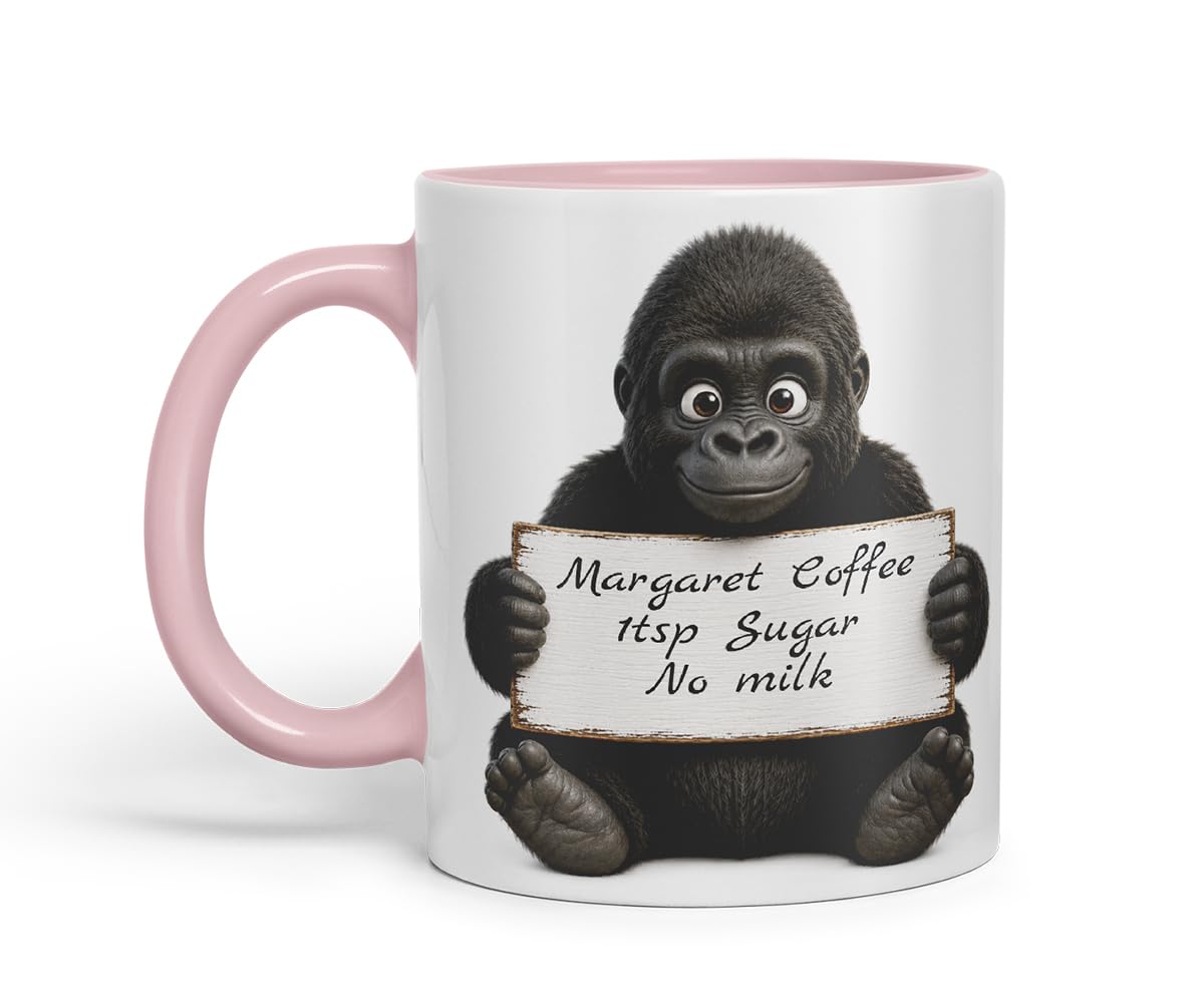 Vixar Personalised Gorilla Mug with Name or Custom Message – Cute Animal Coloured Ceramic Mug Cup Gift, 11oz (Black)