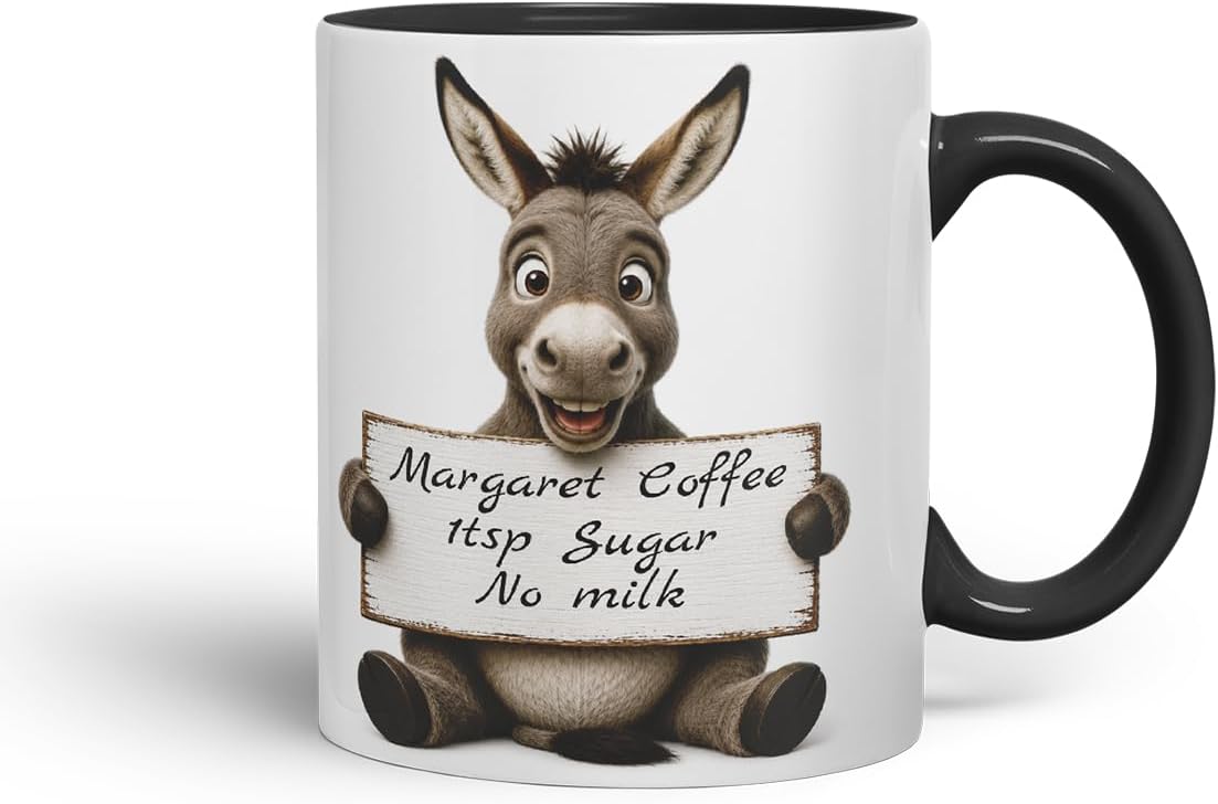 Vixar Personalised Donkey Mug with Name or Custom Message – Cute Animal Coloured Ceramic Mug Cup Gift, 11oz (Black)