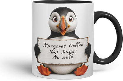 Vixar Personalised Puffin Mug with Name or Custom Message – Cute Animal Coloured Ceramic Mug Cup Gift, 11oz (Black)