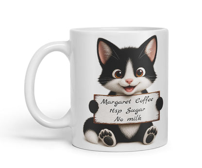 Vixar Personalised Black and White Cat Mug with Name or Custom Message – Cute Animal Coloured Ceramic Mug Cup Gift, 11oz (Black)
