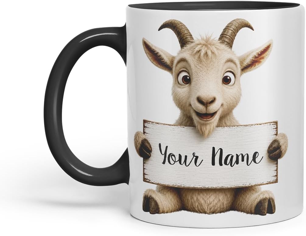 Vixar Personalised Goat Mug with Name or Custom Message – Cute Animal Coloured Ceramic Mug Cup Gift, 11oz (Black)