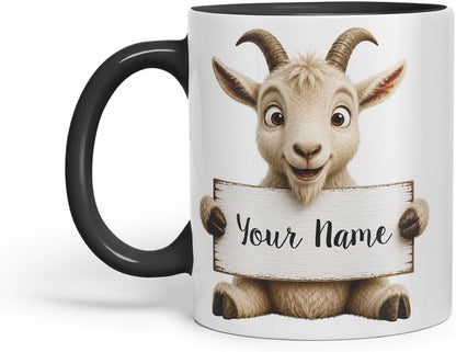 Vixar Personalised Goat Mug with Name or Custom Message – Cute Animal Coloured Ceramic Mug Cup Gift, 11oz (Black)