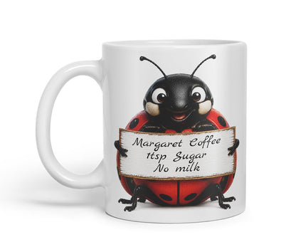 Vixar Personalised Ladybird Mug with Name or Custom Message – Cute Animal Coloured Ceramic Mug Cup Gift, 11oz (Black)