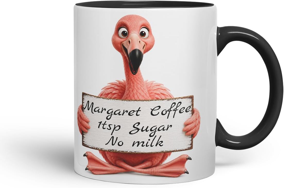 Vixar Personalised Flamingo Mug with Name or Custom Message – Cute Animal Coloured Ceramic Mug Cup Gift, 11oz (Black)