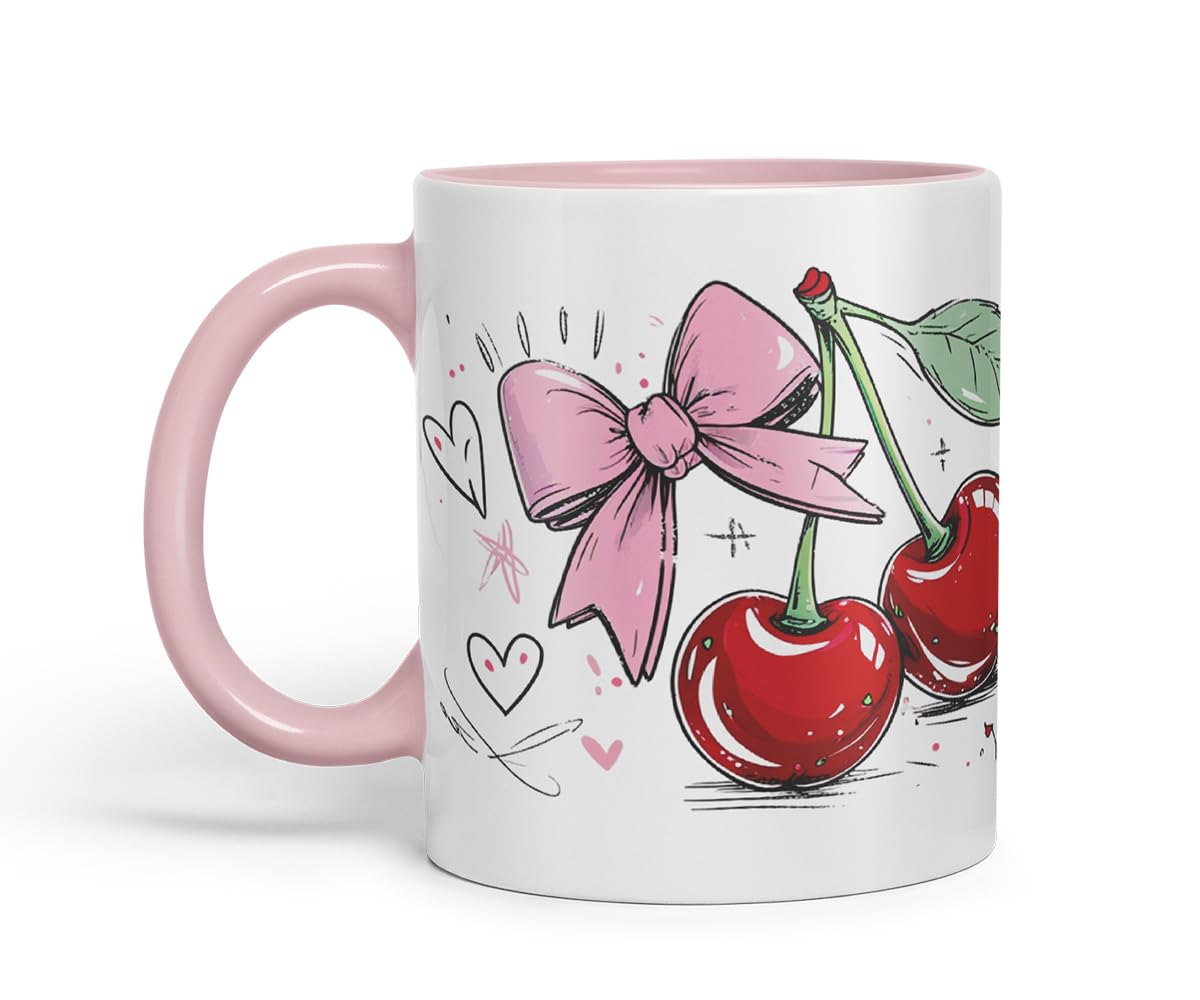 Vixar Cherry Pink Bow Mug – Coloured Ceramic Mug Cup Gift, 11oz (Black)