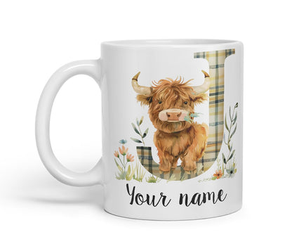Vixar Personalised Highland Cow Initial Letter J Custom Name Mug – Coloured Ceramic Mug Cup Gift, 11oz (Black)
