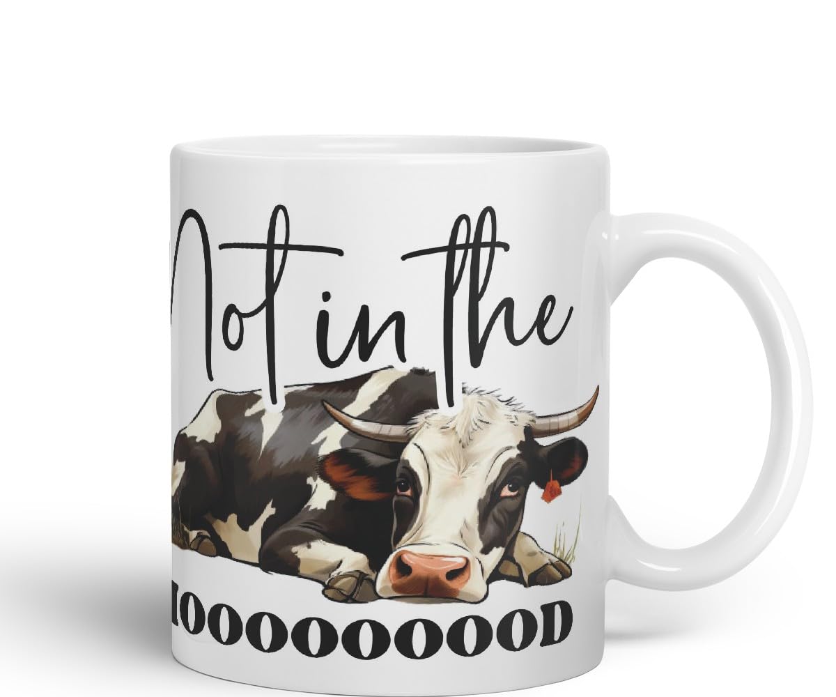 Vixar Not in The Mooood Cow Joke Coloured Ceramic Mug Cup Gift, 11oz (Black)