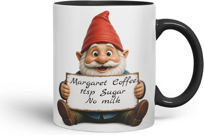 Vixar Personalised Gnome Mug with Name or Custom Message – Cute Animal Coloured Ceramic Mug Cup Gift, 11oz (Black)