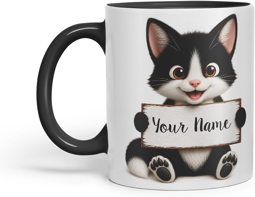 Vixar Personalised Black and White Cat Mug with Name or Custom Message – Cute Animal Coloured Ceramic Mug Cup Gift, 11oz (Black)