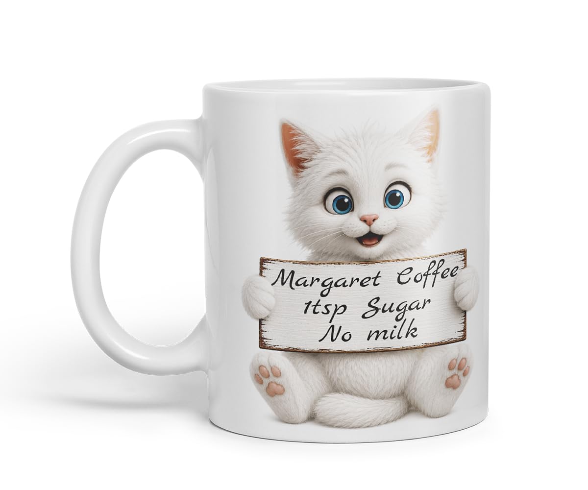 Vixar Personalised White Cat Mug with Name or Custom Message – Cute Animal Coloured Ceramic Mug Cup Gift, 11oz (Black)