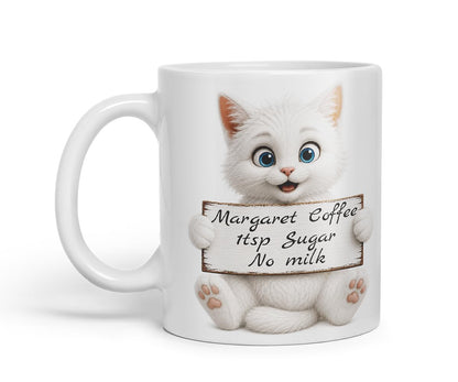 Vixar Personalised White Cat Mug with Name or Custom Message – Cute Animal Coloured Ceramic Mug Cup Gift, 11oz (Black)