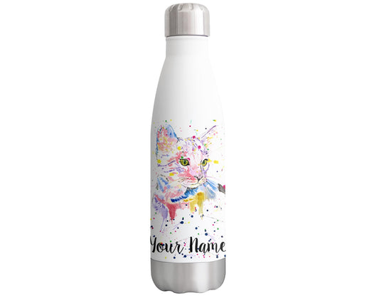 Cat Pink Personalised Custom Bottle with Your Text/Name Kitten pet Watercolour Animals Bottle Double Wall Insulated Stainless Steel Sport Drinks 500ml