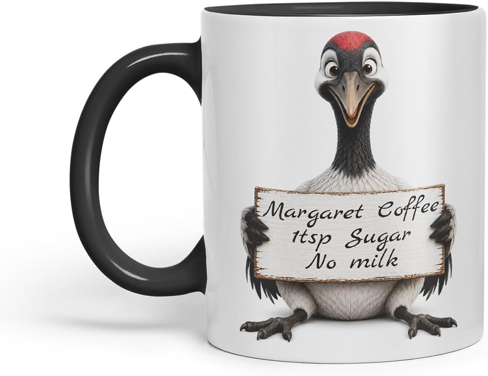 Vixar Personalised Crane Bird Mug with Name or Custom Message – Cute Animal Coloured Ceramic Mug Cup Gift, 11oz (Black)