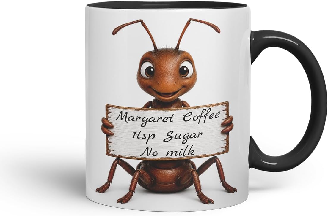 Vixar Personalised Ant Mug with Name or Custom Message – Cute Animal Coloured Ceramic Mug Cup Gift, 11oz (Black)