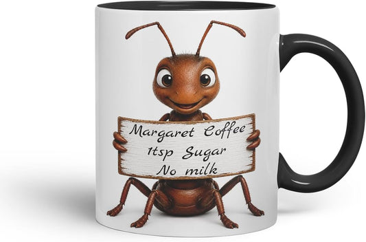Vixar Personalised Ant Mug with Name or Custom Message – Cute Animal Coloured Ceramic Mug Cup Gift, 11oz (Black)