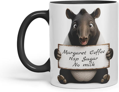 Vixar Personalised Tapir Mug with Name or Custom Message – Cute Animal Coloured Ceramic Mug Cup Gift, 11oz (Black)