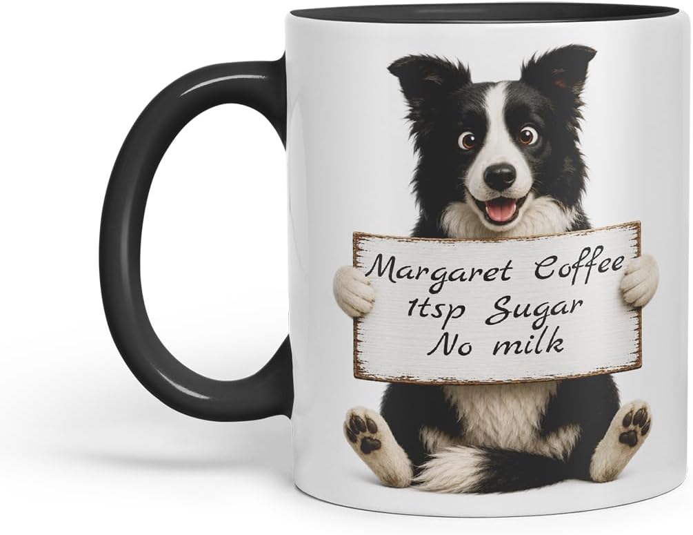 Vixar Personalised Border Collie Mug with Name or Custom Message – Cute Animal Coloured Ceramic Mug Cup Gift, 11oz (Black)