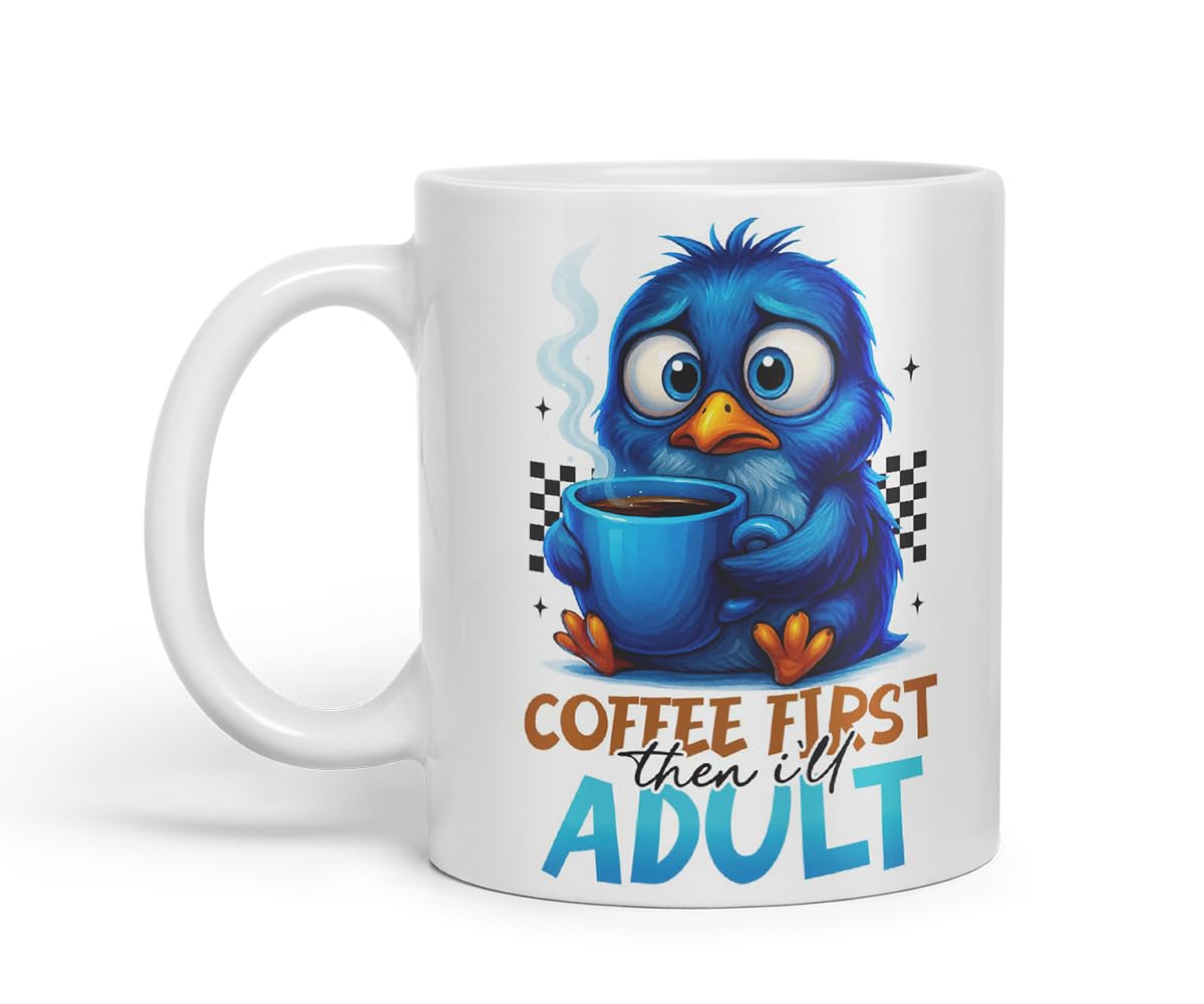 Vixar Coffee First Then I'll Adult Funny Blue Bird Mug – Coloured Ceramic Mug Cup Gift, 11oz (Black)