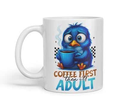 Vixar Coffee First Then I'll Adult Funny Blue Bird Mug – Coloured Ceramic Mug Cup Gift, 11oz (Black)