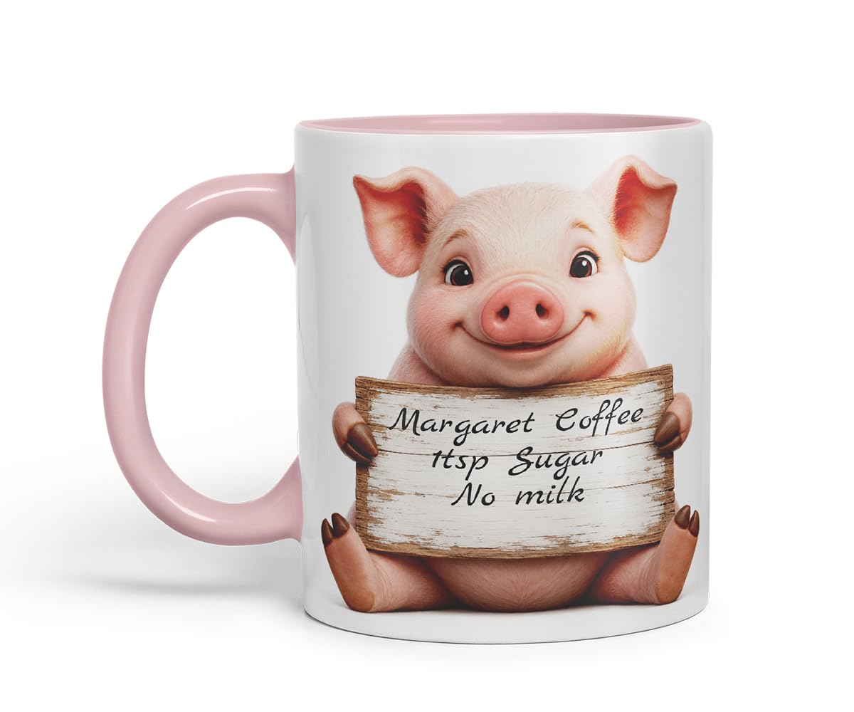 Vixar Personalised Pig Mug with Name or Custom Message – Cute Animal Coloured Ceramic Mug Cup Gift, 11oz (Black)