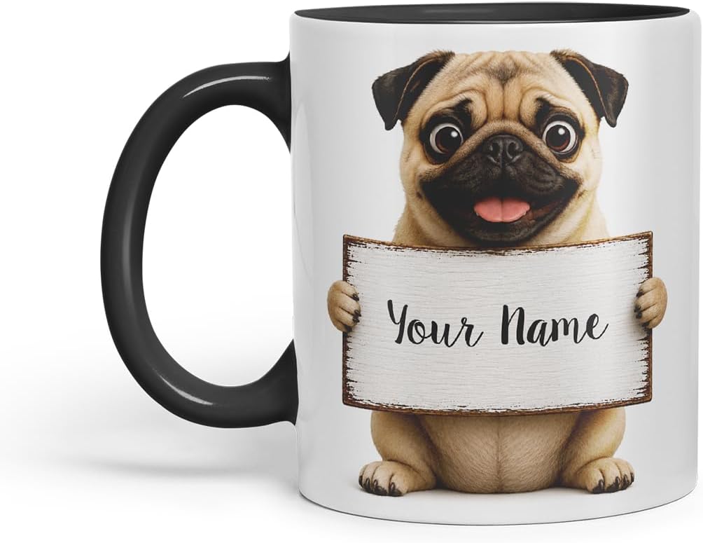 Vixar Personalised Pug Mug with Name or Custom Message – Cute Animal Coloured Ceramic Mug Cup Gift, 11oz (Black)
