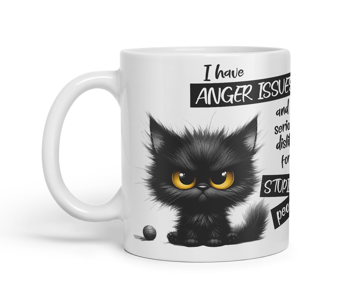 Vixar Funny Black Cat Anger Issues Sarcastic Mug – Coloured Ceramic Mug Cup Gift, 11oz (Black)