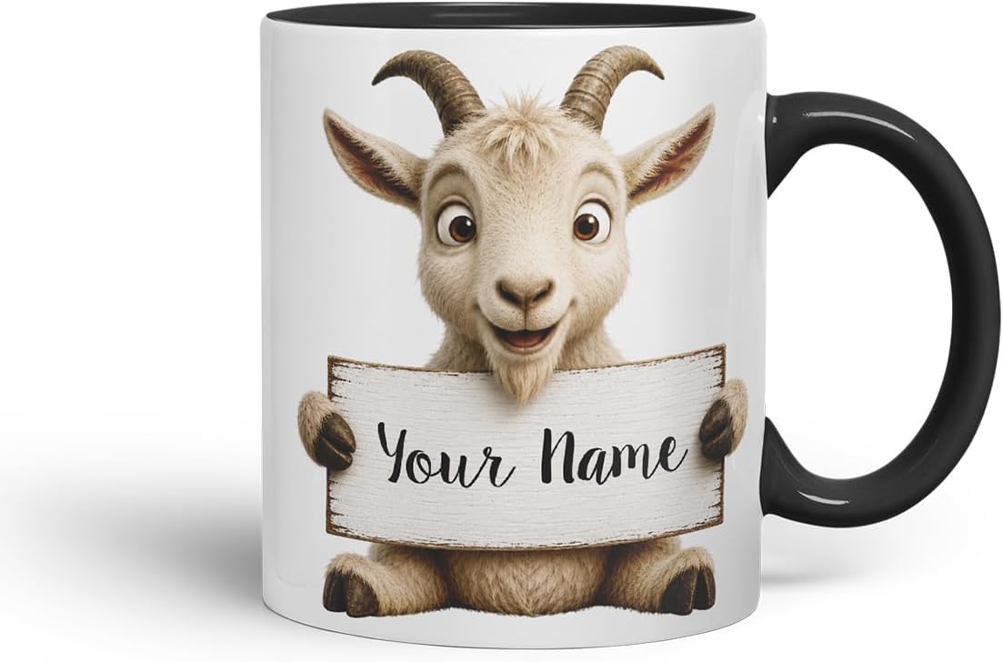 Vixar Personalised Goat Mug with Name or Custom Message – Cute Animal Coloured Ceramic Mug Cup Gift, 11oz (Black)