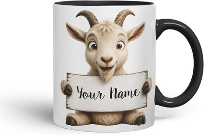 Vixar Personalised Goat Mug with Name or Custom Message – Cute Animal Coloured Ceramic Mug Cup Gift, 11oz (Black)