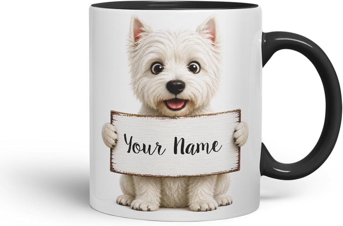 Vixar Personalised Westie Dog Mug with Name or Custom Message – Cute Animal Coloured Ceramic Mug Cup Gift, 11oz (Black)