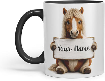 Vixar Personalised Pony Mug with Name or Custom Message – Cute Animal Coloured Ceramic Mug Cup Gift, 11oz (Black)