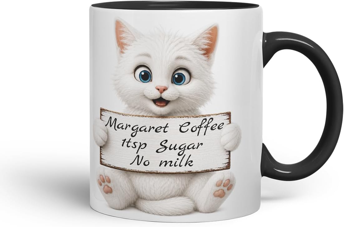 Vixar Personalised White Cat Mug with Name or Custom Message – Cute Animal Coloured Ceramic Mug Cup Gift, 11oz (Black)