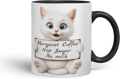 Vixar Personalised White Cat Mug with Name or Custom Message – Cute Animal Coloured Ceramic Mug Cup Gift, 11oz (Black)