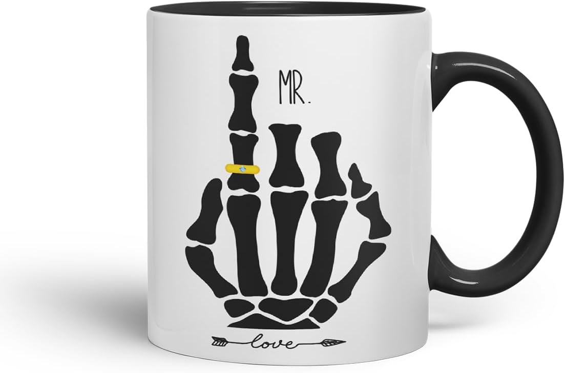 Vixar Mr and Mrs Skeleton Hand Wedding Ring Couple Mugs – Coloured Ceramic Mugs Cups Gift, 11oz, Set of 2