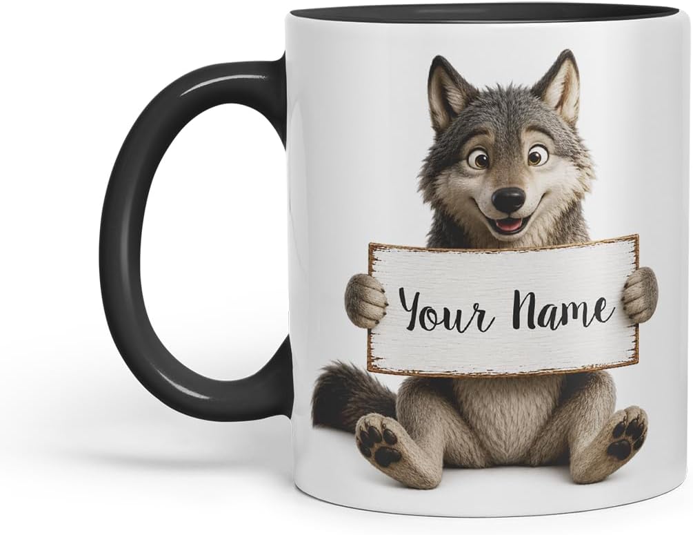 Vixar Personalised Wolf Mug with Name or Custom Message – Cute Animal Coloured Ceramic Mug Cup Gift, 11oz (Black)