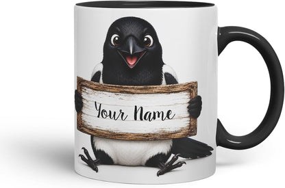Vixar Personalised Magpie Mug with Name or Custom Message – Cute Animal Coloured Ceramic Mug Cup Gift, 11oz (Black)